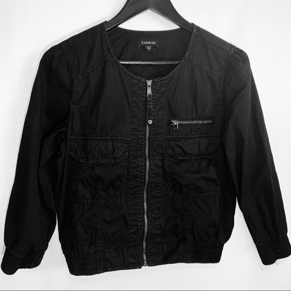 BEBE Black 100% Cotton Bomber Full Zip Moto Jacket size S